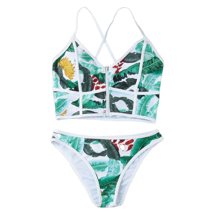 Sexy Women Bikini Set Leaves Print Patches Zipper Top Bottom Beach Swimwear Swimsuit Bathing Suit Green