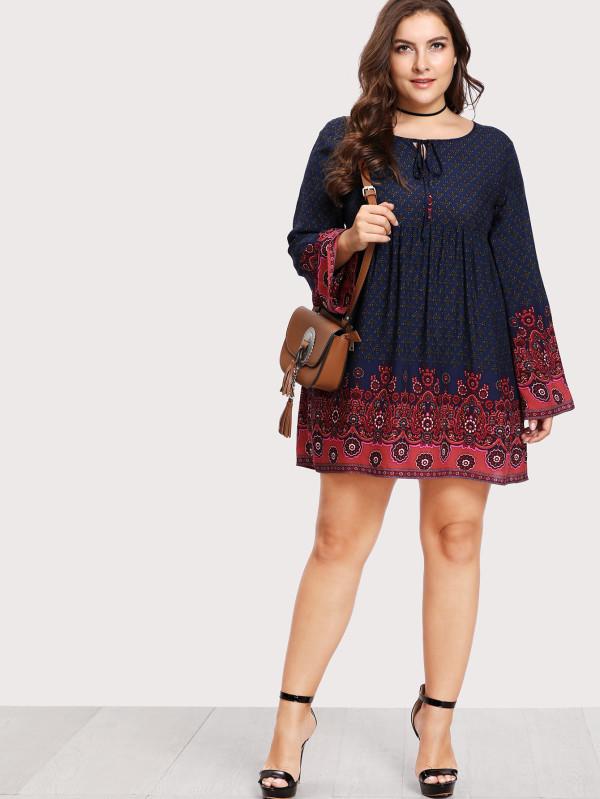 SHEIN Tie Neck Ornate Print Dress